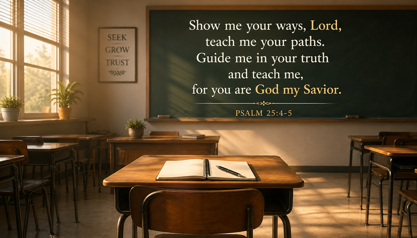 Empty classroom with morning light on a student desk — Show me your ways Lord teach me your paths Bible verse wallpaper